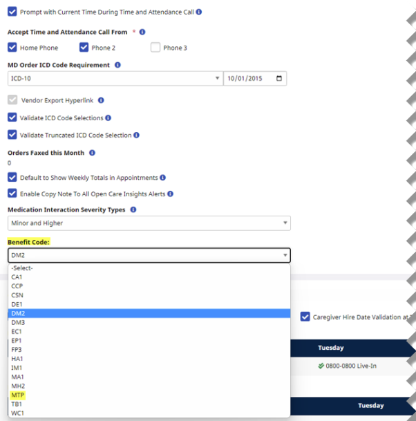 The Benefit Code field dropdown displays multiple Benefit Codes to choose from on the Agency Profile page.